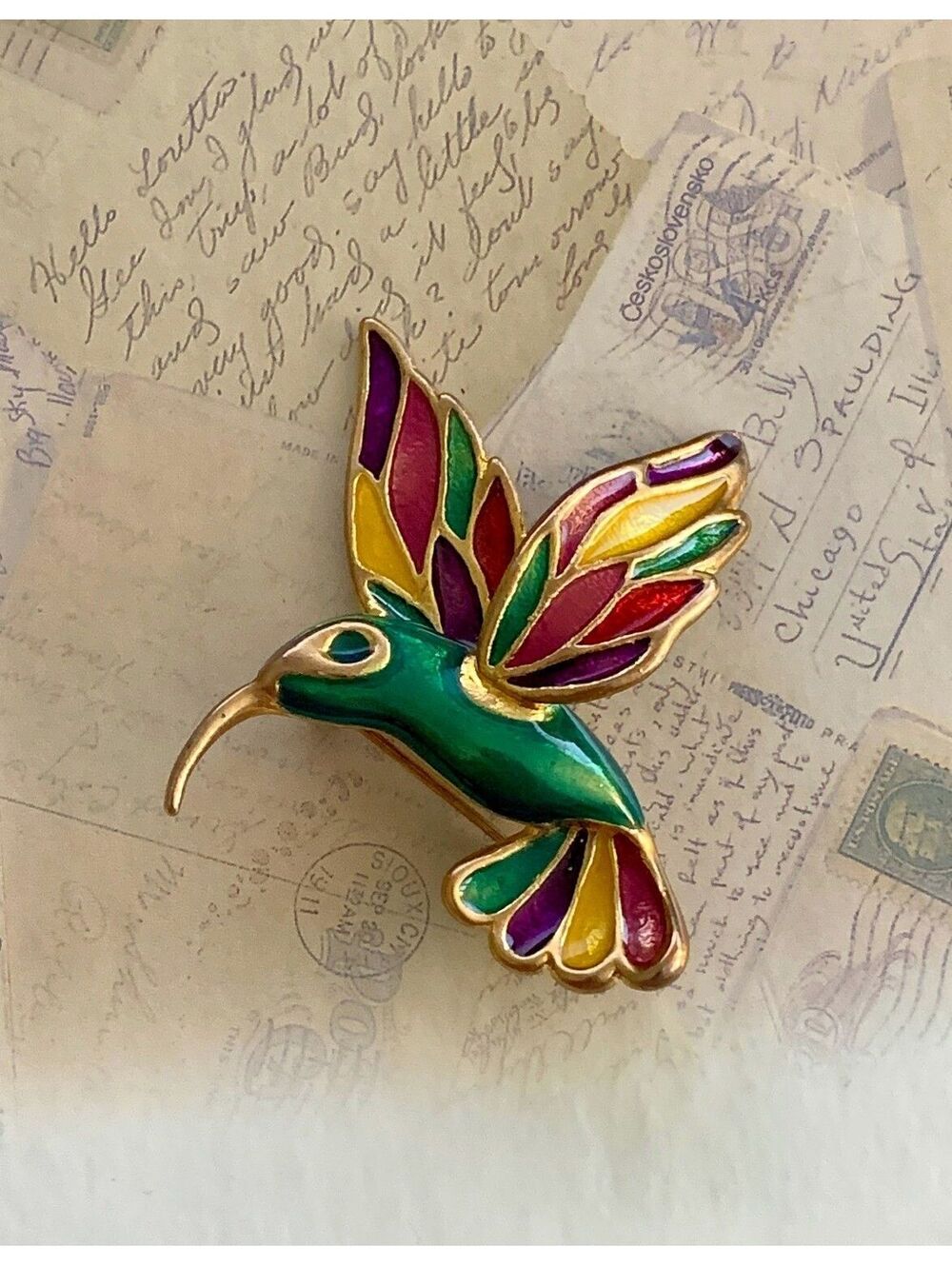 Vintage Enamel Colorful Hummingbird Enamel Gold Tone Brooch Pin Bright & Playful
